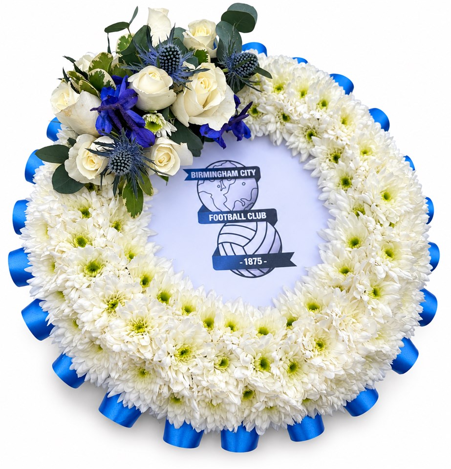 Blue and white Birmingham City funeral wreath before the label was added