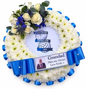 Finished Grandad funeral wreath with personalised photograph label